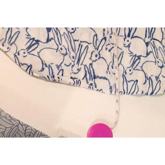 Jean-Pierre Klifa Top Womens White Blue Bunny Print Linen Blend Button Up Casual - Picture 9 of 9